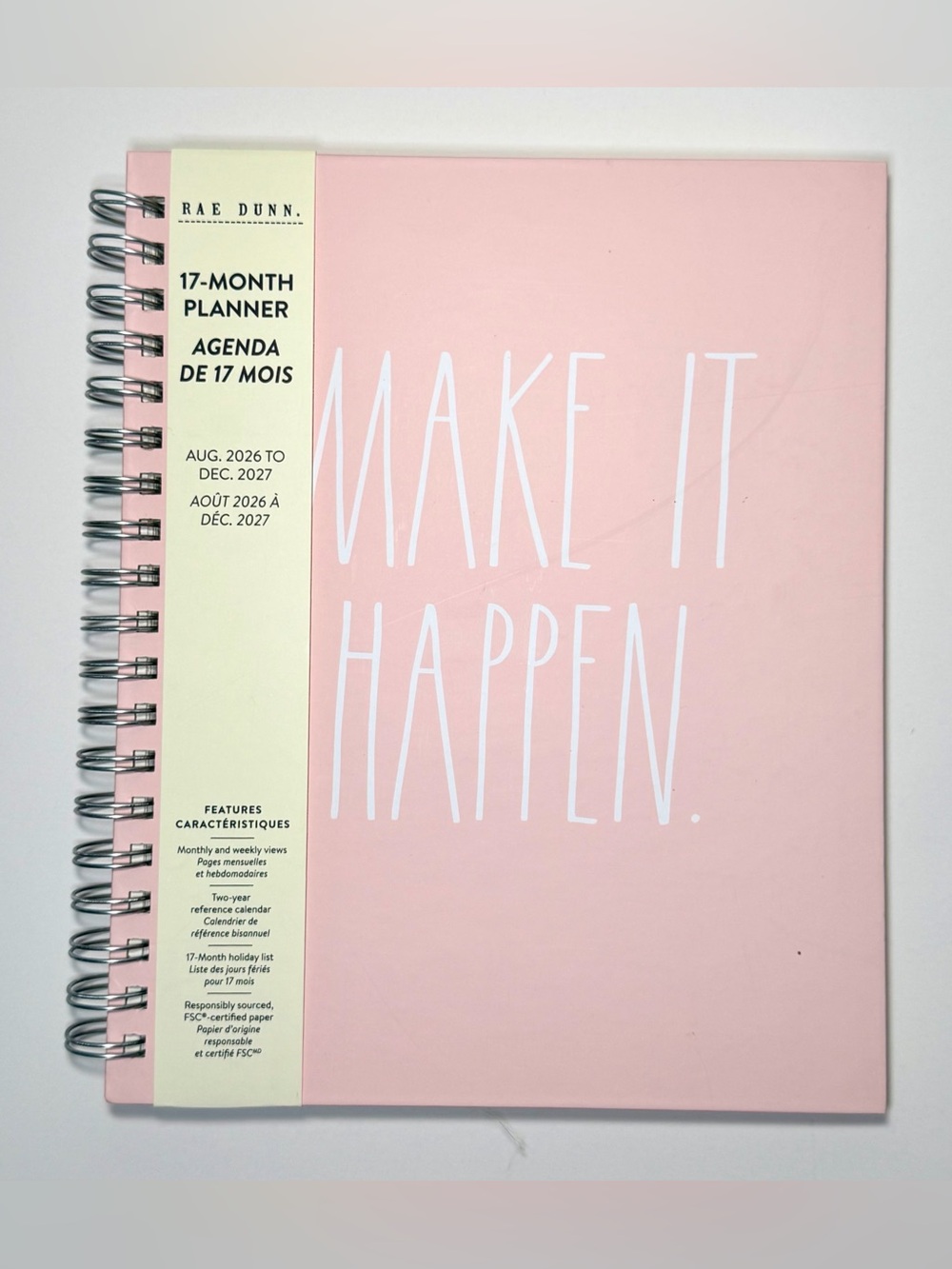 Rae Dunn 2026-2027 Large Size 17-month Planner MAKE IT HAPPEN (White/Pink)